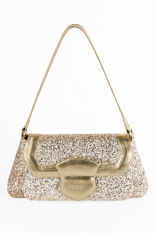Gold women's dress handbag, matching pumps and belts. Top view - Florence KOOIJMAN
